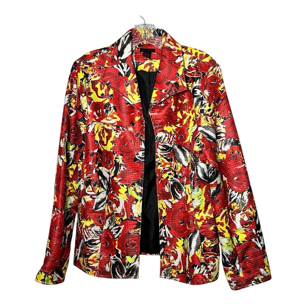Sara Isabella Women's Blazer Jacket Red Yellow Floral‎ Print Textured Size L